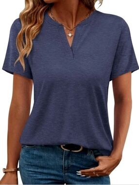 Women's V Neck Short Sleeve Tops Summer T Shirts Loose Fit Dressy Tee Blue Large